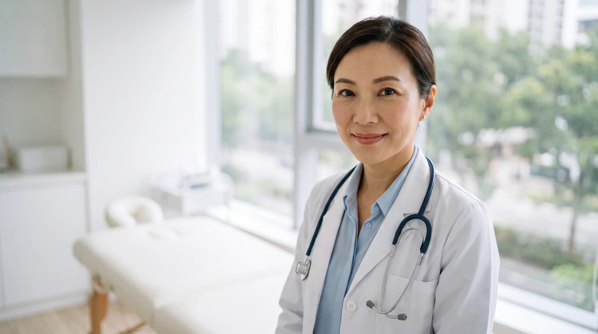 A physician in a white coat standing in a bright, clean treatment room.